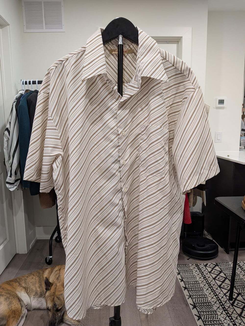 Vintage Bongo Men Brown Stripe Short Sleeve Shirt, Big Collar Casual XL